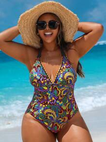 Swim Vcay Plus Size Women's One-Piece Random Floral Print Halter V-Neck Backless Lace-Up Swimsuit For Summer Beach Vacation - Black - View 3