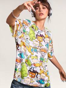 Nick 90s X SHEIN Women's Summer Spring Cartoon Pattern White Oversized T-Shirt, Unisex Gyaru Daily Casual Outing Wear