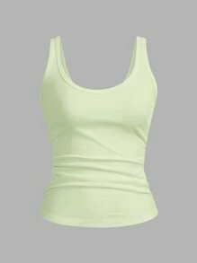 SHEIN PETITE 休闲百搭白色深 U 领工字背心 - 綠色 - 查看 8