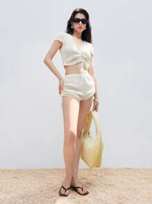 LYSMO 女士春夏针织套装，白色纯色V领短袖竖条纹上衣搭配抽绳性感短裤，适合日常休闲度假沙滩装，波西米亚西部风情复古套装 - 白色 - 查看 8