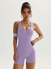 SHEIN Sports Women's Solid Color Minimalist Fashion Jumpsuits, Suitable For Summer - Mauve Purple - View 7