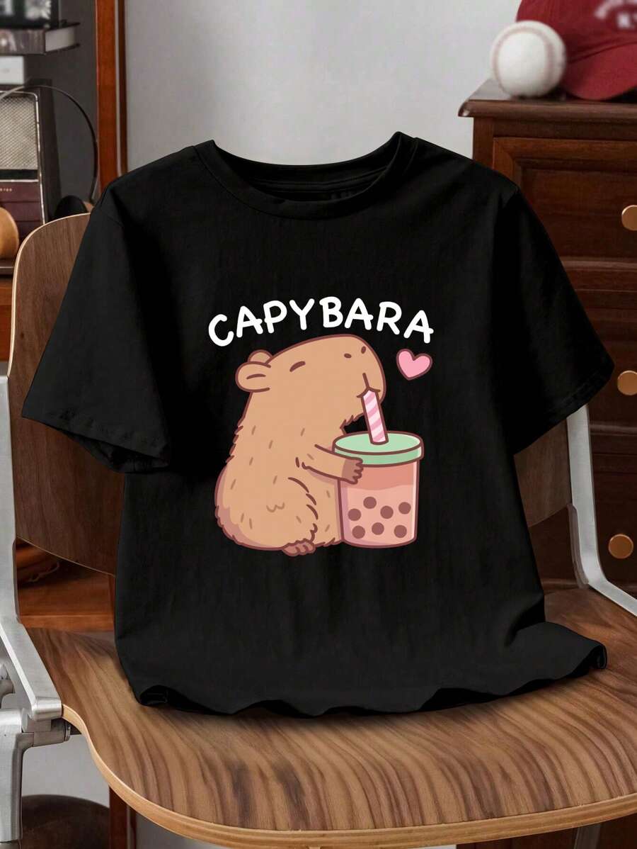 INAWLY 可爱水豚休闲图案 T 恤 - 黑色 - 查看 1