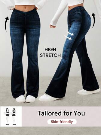 SHEIN PETITE Women's Overlapping Waist, Slightly Flared, Elegant Pockets, Natural Flared Trousers, Dark Trousers For Women