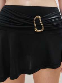 LYSMO Women's Black Summer Seksi Chic Club Two-Piece Set Solid V-Neck Cropped Tank Top And Asymmetric Gold Metal Button Mini Skirt For Casual Beach Outfits - Black - View 5