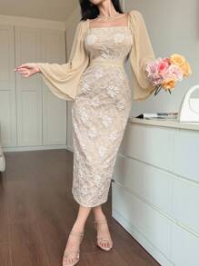 DAZY Robe mi-longue élégante à manches longues pour femmes avec col carré jacquard. Convient pour les événements de printemps/automne. Robe de femme élégante et formelle, robe de soirée de luxe - Beige - Voir 7