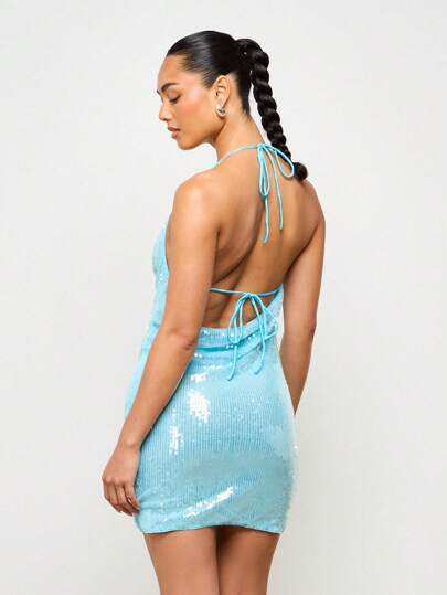backless clubwear dresses A Line V Neck Dark Blue Open Back Long Prom Dresses with Leg Slit, Sty –  morievent main image 1