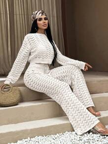 SHEIN Vacation V Neck Hollow Out Flare Sleeve Crochet Top & Maxi Wide Leg Relaxed Fit Drawcord Detailed Crochet Knitted Pants 2 Piece Cover Up Set