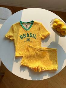 Comfortcana 字母与数字印花短款健身服套装 - 黃色 - 查看 1