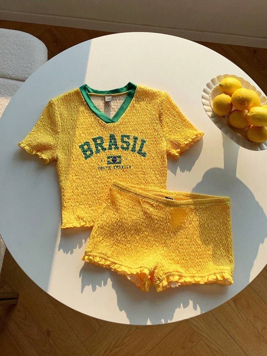 Comfortcana 字母与数字印花短款健身服套装 - 黃色 - 查看 1