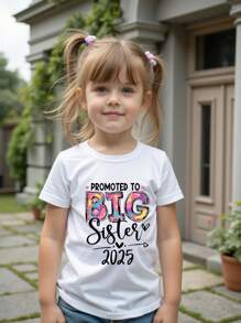 SHEIN Young Girl "Promoted To Big Sister 2025" Round Neck Short Sleeve White T-Shirt Young Girls T Shirt Young Girls Summer Big Sister T-Shirt Kids - White - View 5