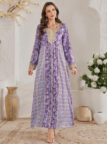 Al Najma 女士方领图案传统优雅土耳其长裙和阿拉伯传统长袍 - 淺灰紫 - 查看 6