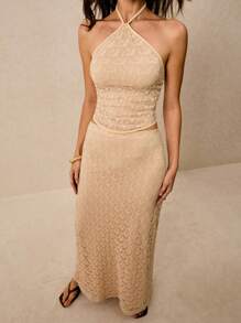 Poéselle Women's Holiday Lace Sleeveless Top And Skirt 2 Pieces Set, Fashionable - Apricot - View 3