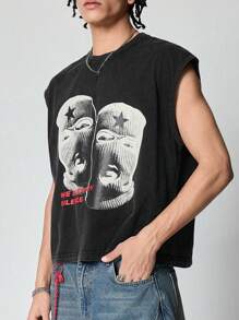 ROMWE MEN Street Life Men's Washed Letter & Hip Hop Character Print Crop Fit Tank Top - Black - View 2