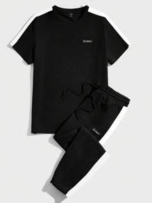 Manfinity BRENVOR 2 Pieces Men Casual Knit Side Tape Patchwork Fitted Crew Neck Tee & Drawstring Waist Jogger Pants Set Summer Outfit, Suitable For Daily Wear - Black and White - View 3