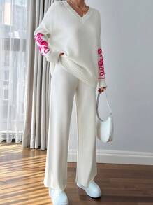 EURMUSE Women Pink Embroidery Detailed Sweater Set - White - View 4