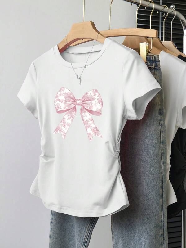 SHEIN Wildeya Tween Girls Simple & Versatile Pink Bow Print Waist Short Sleeve T-Shirt