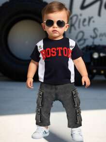 Baby Boy Summer Street Life Casual Graphic Street Fashion Set,Red And Black Round-Neck Print Top&Work Denim Pants,Handsome Beach Loose-Fitting Outfit - Black - View 3
