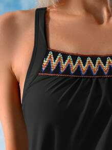 Swim Lushoire Women Geometric Elastic Strap Camisole Bikini Top For Summer Beach Vacation - Black - View 4