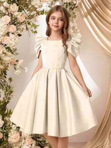 SHEIN Tween Girls' Luxurious Pearl Beaded Puff Sleeve Satin Dress, Filipiniana Terno - Apricot - View 5