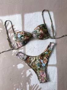 Elavelle 女士性感豹纹细肩带扭结高开叉比基尼泳装套装，沙滩装 - 彩色 - 查看 3