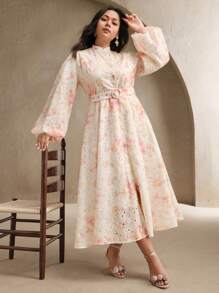 Anewsta Plus Size Elegant Digital Print Lantern Sleeve Maxi Dress, Suitable For Spring, Vacation, Festival, Easter - Multicolor - View 4