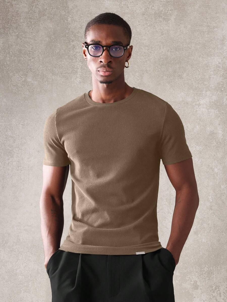 SUMWON 优质罗纹肌肉短袖 T 恤舒适针织纹理经典必备运动训练休闲基本款夏季健身运动上衣