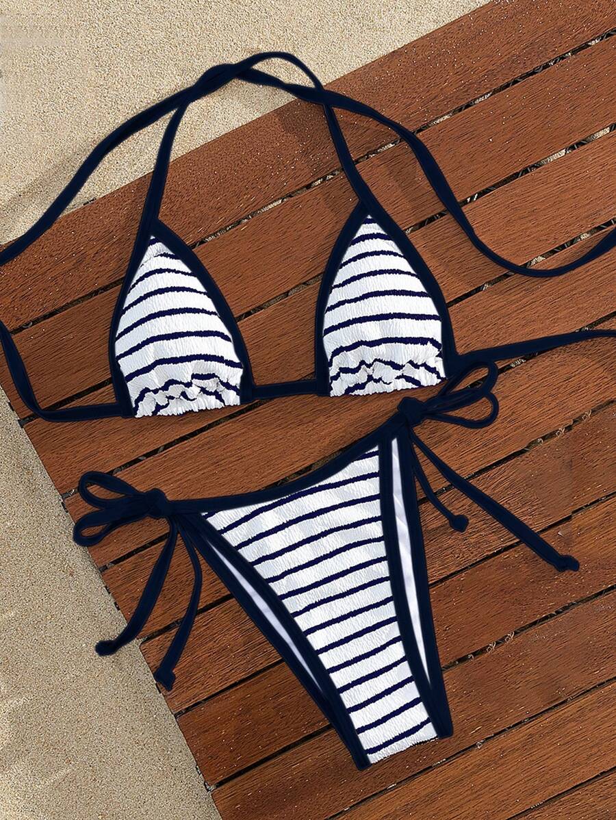 Swim Mod 两件套女士吊带系带性感比基尼泳衣套装,微三角设计,适合夏季海滩度假 - 藏蓝色 - 查看 1