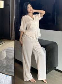 DAZY 2 Pieces Solid Color Lace Loose Short Sleeve Top & Pants Sleepwear Pajama Set, Women - White - View 4