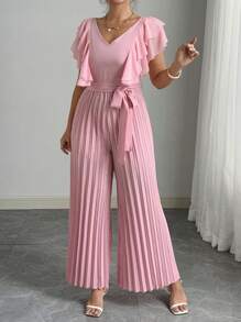 SHEIN Unity 大码女式荷叶边 V 领连体衣，浪漫优雅的褶皱撞色连体衣 - 粉色 - 查看 3