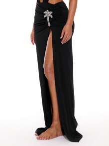 Musera Resort Slinky Gathered Front Embellished Palm Tree Side Split Straight Fit Sexy Club Maxi Skirt Only For Summer Spring Holiday Vacation Ibiza Beachwear - Black - View 3