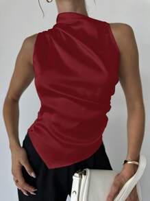 Firerie 女士简约优雅时尚办公室通勤奶油色无袖褶皱领尖下摆棉质衬衫