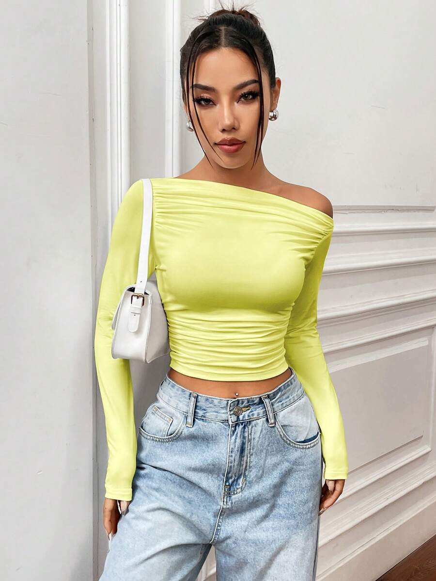 Flirla 女士不对称领口不对称领口长袖褶皱柔软甜美时尚 T 恤