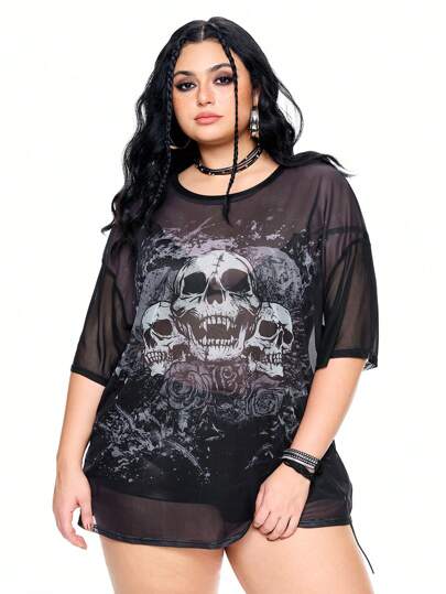 Grunge Punk Plus Size Women Skull & Rose Print Punk Style Top