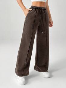 SHEIN PETITE Snow-Washed Women's Drawstring Wide Leg Sweatpants - Brown - View 8