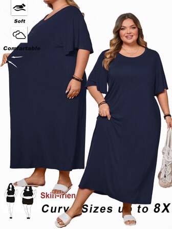 SHEIN CURVE+ 大码超柔软高弹紫色长款T恤连衣裙，休闲百搭百搭，适合海滩度假，夏季