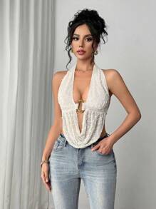 Firerie Nuovo top canotta casual da vacanza con spalline a spaghetti, volant, decorazione metallica, elegante e sexy, in jacquard, schiena aperta, stile boho, adatto per donna in vacanza - Albicocca - Visualizzare 3