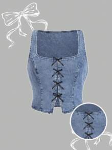 SHEIN MOD 大码蓝色超大牛仔上衣蝴蝶结牛仔背心夏季上衣音乐节服装 - 中等水洗藍 - 查看 4