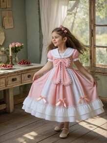 Tween Girl Elegant & Cute Luxurious Princess Style Bow Decor Fluffy Tutu Dress - Multicolor - View 3