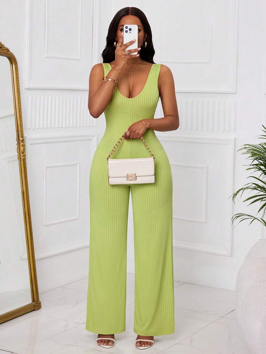 Slaydiva Women's 2025 Summer New Fashionable Jumpsuit, Suitable For Music Festivals, Easter, St. Patrick's Day, Boho, Birthdays, Graduations, Students, Casual Outings, Basics, Leisure, Vacations, Cruises, Beaches, Sunbathing, Fashion, Street Style, Minimalist Design, Textured Ribbed, Green