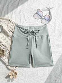 Beach Summer Ruched Drawstring Shorts, Bikini Bottom - Light Grey - View 1