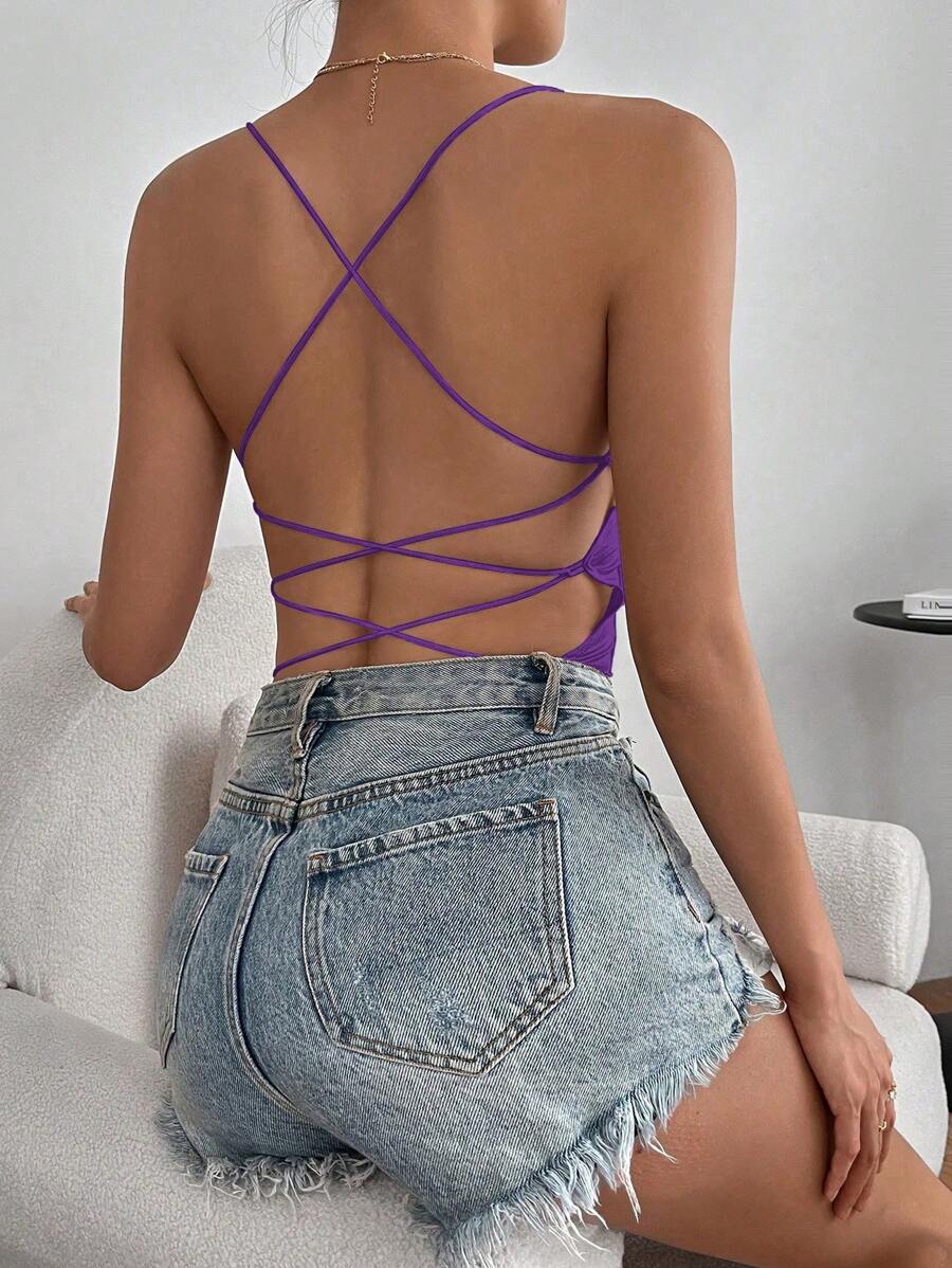 Firerie Women's Solid Color Backless Criss-Cross Strap Bodysuit