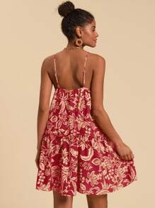 Travachic 女式编织复古印花荷叶边下摆吊带迷你连衣裙