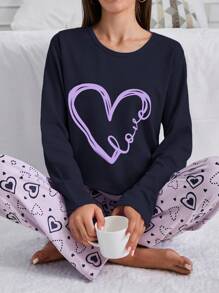 EURMUSE 100% Cotton 2Pcs  Contrast Colour Heart Printed PJ Set - Purple - View 6