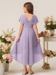 花童/少女不对称下摆雪纺派对礼服，A 字型前短后长廓形，适合婚礼、生日、表演 - 紫色 - 查看 2