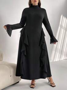 Firerie Đầm mini gợi cảm thiết kế thanh lịch cho đi làm và hẹn hò cỡ lớn, đầm ôm cổ tròn dài tay có viền xếp nếp, dáng chữ A, phù hợp cho mùa xuân thu - màu đen - Xem 6