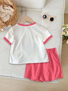 SHEIN 2pcs Set Young Girl Cute Heart Print Casual Short Sleeve Tee And Shorts, Pink, Summer