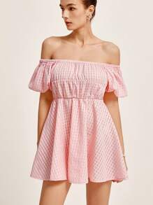 Aveloria Rosie Elegante y refinado vestido corto para mujer con hombros descubiertos, tela jacquard con textura a cuadros, mangas abullonadas, escote fruncido, cintura ceñida, falda de línea A y cinturón con lazo