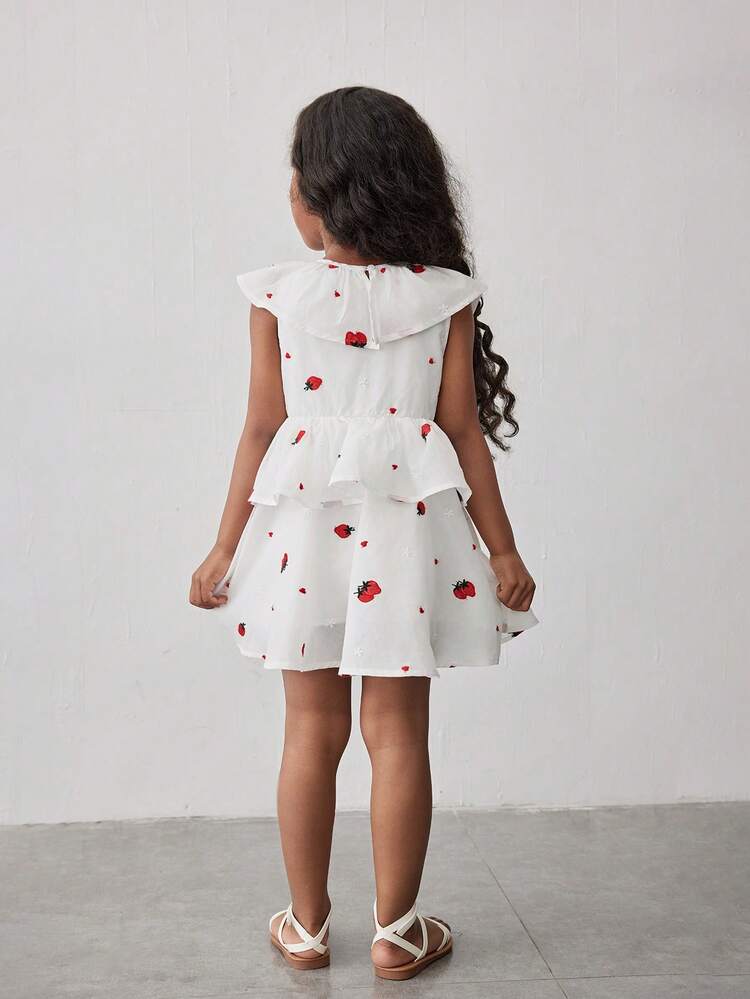 Loose Casual Ruffle Hem Strawberry Print Dress For Girls