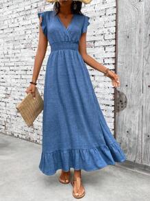 SHEIN PETITE Abito da donna casual minimalista con arricciatura sull'orlo e laccio in vita, perfetto per le vacanze