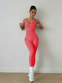 Dewbera Solid Color Criss-Cross Backless Jumpsuit, Minimalist And Fashionable Design, Suitable For Summer - Red Orange - View 5